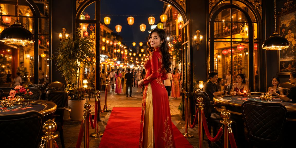 Người chơi game bài tại Hội An trong trang phục áo dài truyền thống