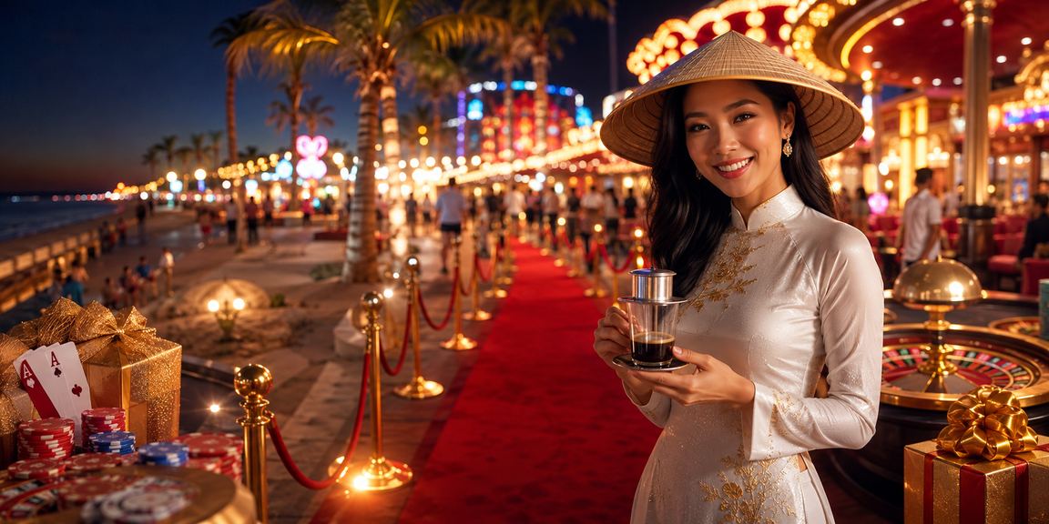 Cảnh giải trí casino trực tuyến tại Mũi Né với không gian cà phê Việt Nam