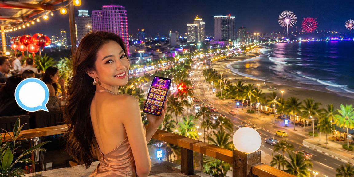 Người chơi slot game tại bãi biển Nha Trang với điện thoại và không khí nghỉ dưỡng